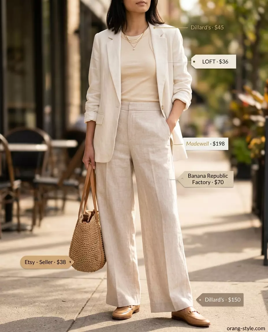 Summer 2026 Linen Blazer Set for Relaxed Chic What to Wear with Blazer in Summer 2026: Cream linen set with beige tank, loafers. Relaxed chic.