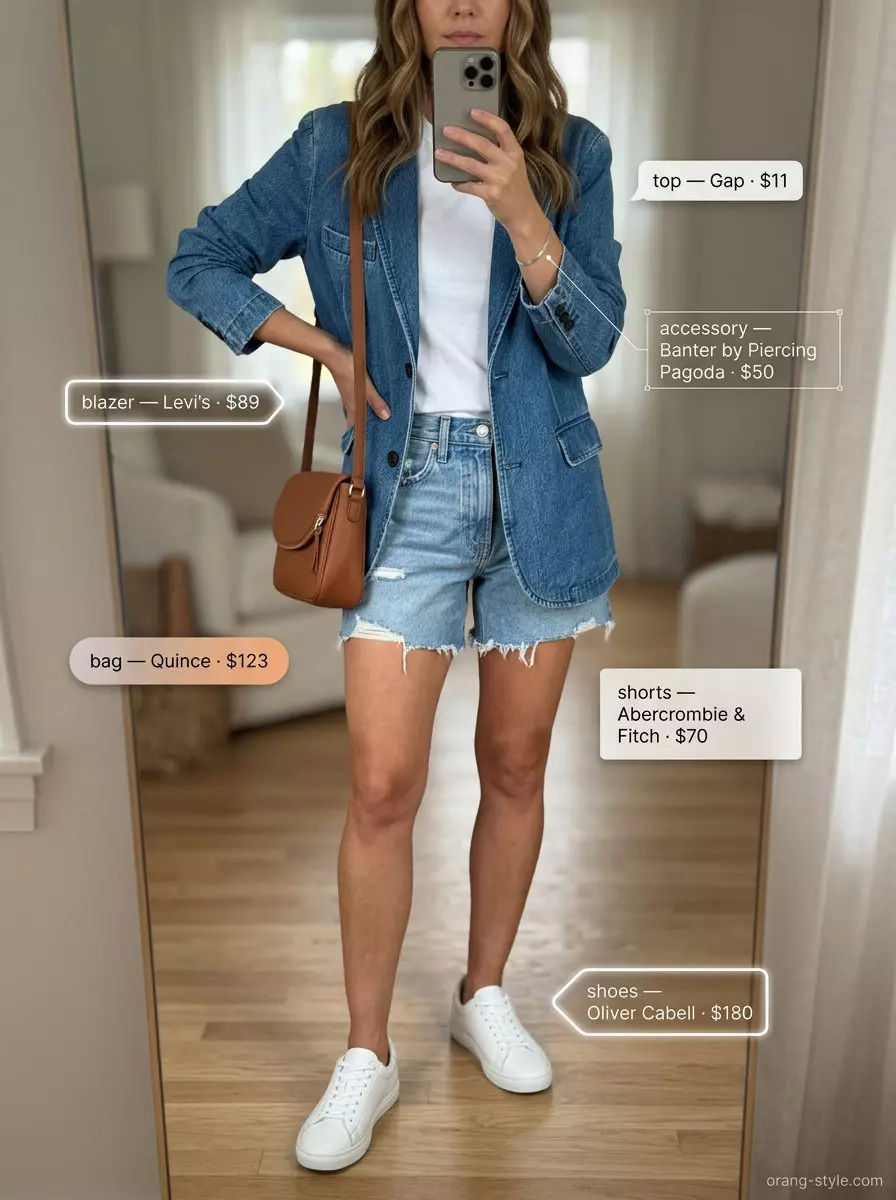 Denim Blazer Summer Outfit 2026 | Casual Cool Casual summer outfit with a denim blazer, white tee, denim shorts, and tan crossbody bag. What to wear with blazer in summer 2026.