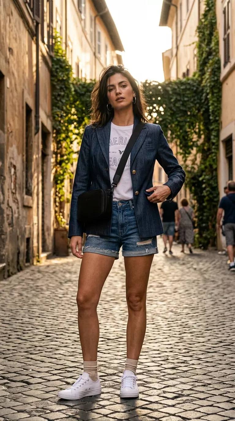 What to Wear with Blazer in Summer 2026: Denim Duo What to Wear with Blazer in Summer 2026: Denim blazer and shorts with white tee.
