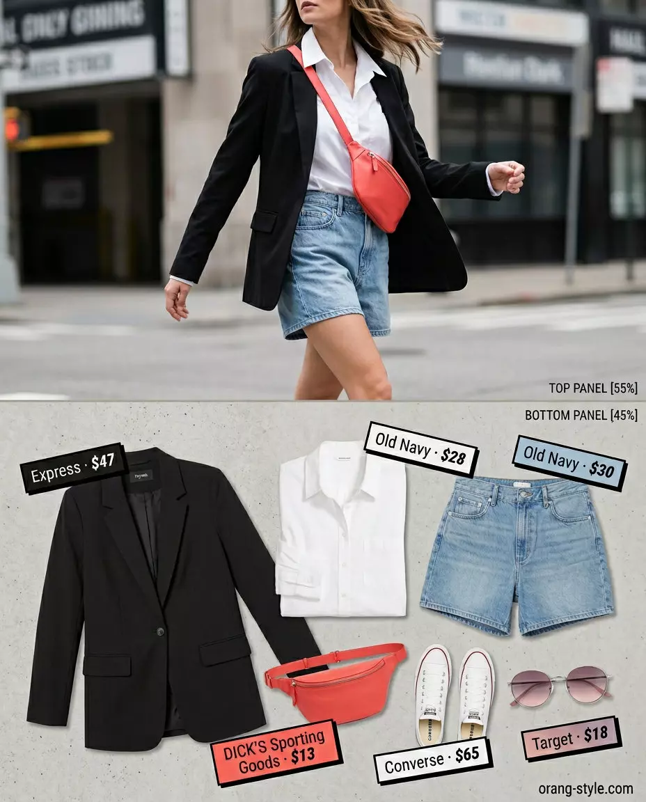 Summer 2026 Denim Shorts Outfit for Casual Cool What to Wear with Blazer in Summer 2026: Denim shorts with oversized white shirt, sneakers. Casual cool.