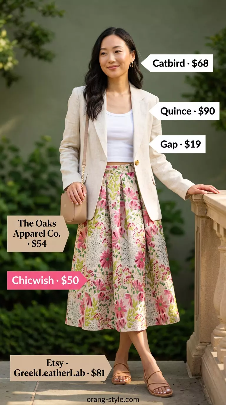Summer 2026 Midi Skirt for Feminine Garden Party What to Wear with Blazer in Summer 2026: Floral midi skirt with white tank, flat sandals. Feminine garden party.