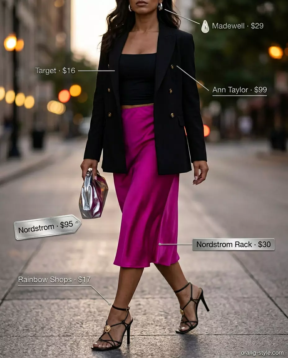 What to Wear with Blazer in Summer 2026: Magenta Skirt What to Wear with Blazer in Summer 2026: Black blazer with magenta satin slip skirt.
