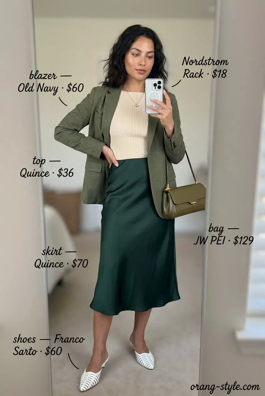 What to Wear with Blazer in Summer 2026: Olive Midi Skirt What to Wear with Blazer in Summer 2026: Olive green linen blazer with satin midi skirt.