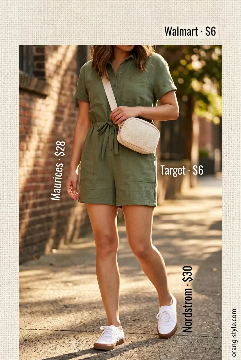 What to Wear with Blazer in Summer 2026: Casual Romper What to Wear with Blazer in Summer 2026: Olive green utility romper for casual day out.