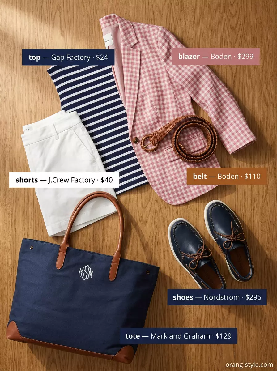 Pink Blazer Summer Brunch Outfit 2026 | Preppy Sorbet Preppy summer outfit with a pastel pink linen blazer, striped tee, chino shorts, and boat shoes. What to wear with blazer in summer 2026.