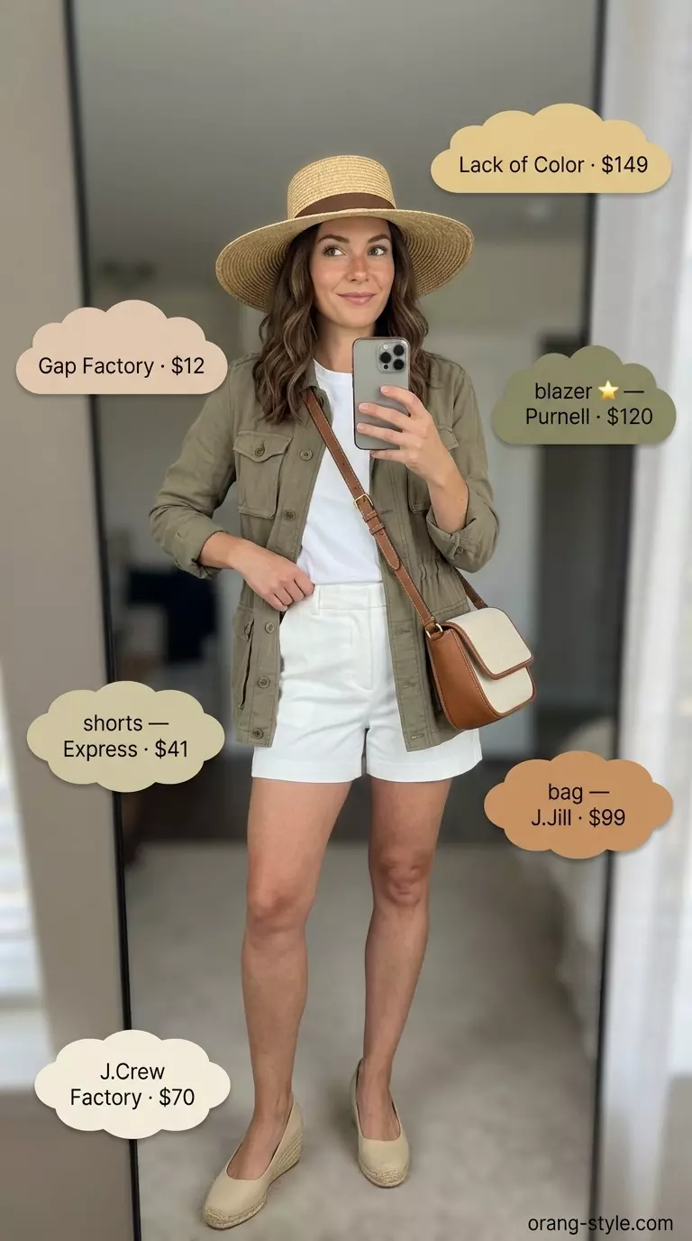 Summer 2026 Safari Blazer for Adventurous Style What to Wear with Blazer in Summer 2026: Khaki safari blazer with chino shorts, t-shirt. Adventurous style.