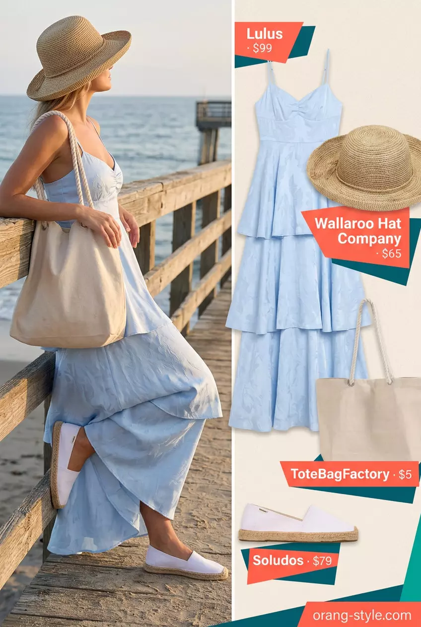 What to Wear with Blazer in Summer 2026: Sky blue maxi dress with straw hat, canvas flats. Relaxed beachy.