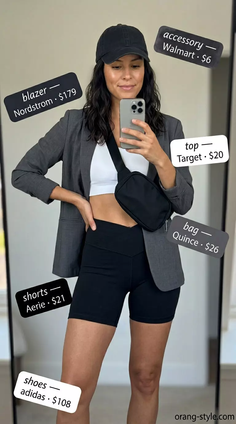 Performance Blazer Athleisure 2026 | Sporty Chic Sporty chic athleisure outfit with a charcoal grey performance blazer, black biker shorts, and white sneakers. What to wear with blazer in summer 2026.
