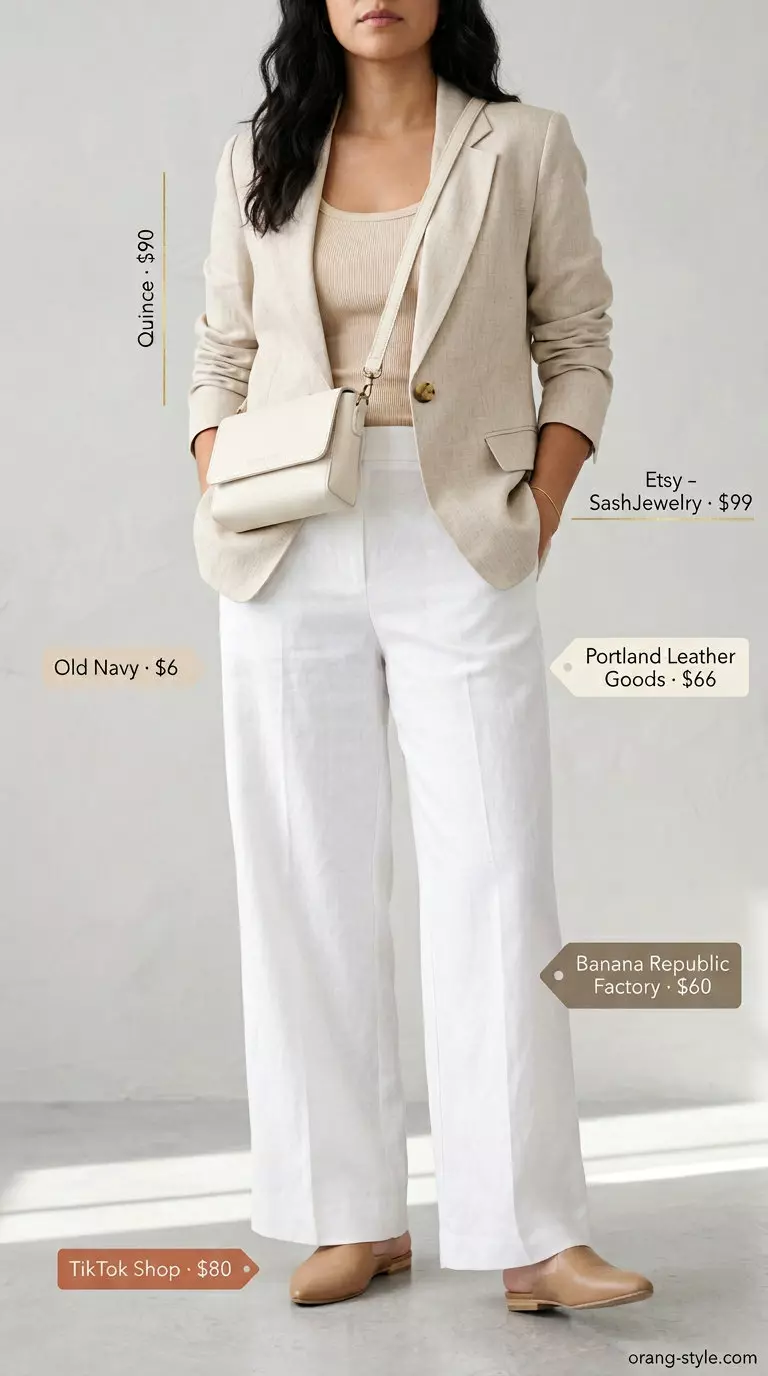 Summer 2026 Linen Pants for Minimalist Chic What to Wear with Blazer in Summer 2026: White linen pants with beige tank, leather mules. Minimalist chic.