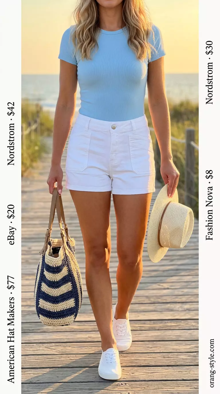What to Wear with Bodysuit Summer 2026: Fresh light blue bodysuit with white denim shorts for beach day.