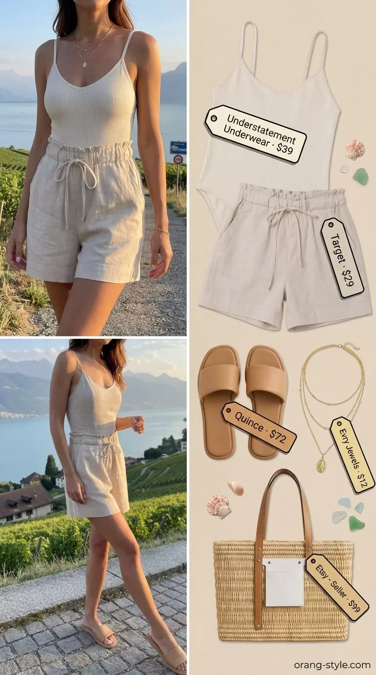 What to Wear with Bodysuit Summer 2026: Cream knit bodysuit with linen shorts for a chic beach day look.