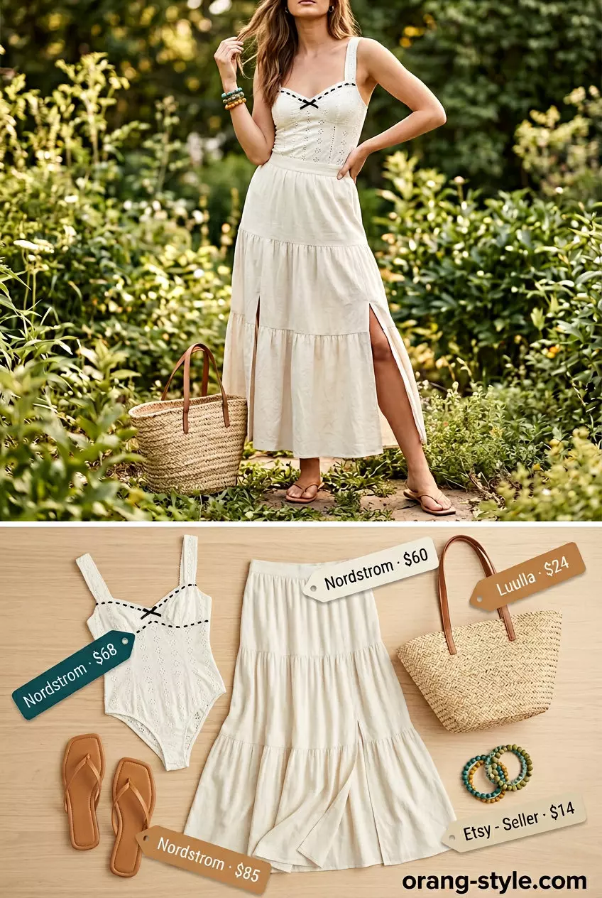 What to Wear with Bodysuit Summer 2026: Boho floral bodysuit with flowy maxi skirt for festival.