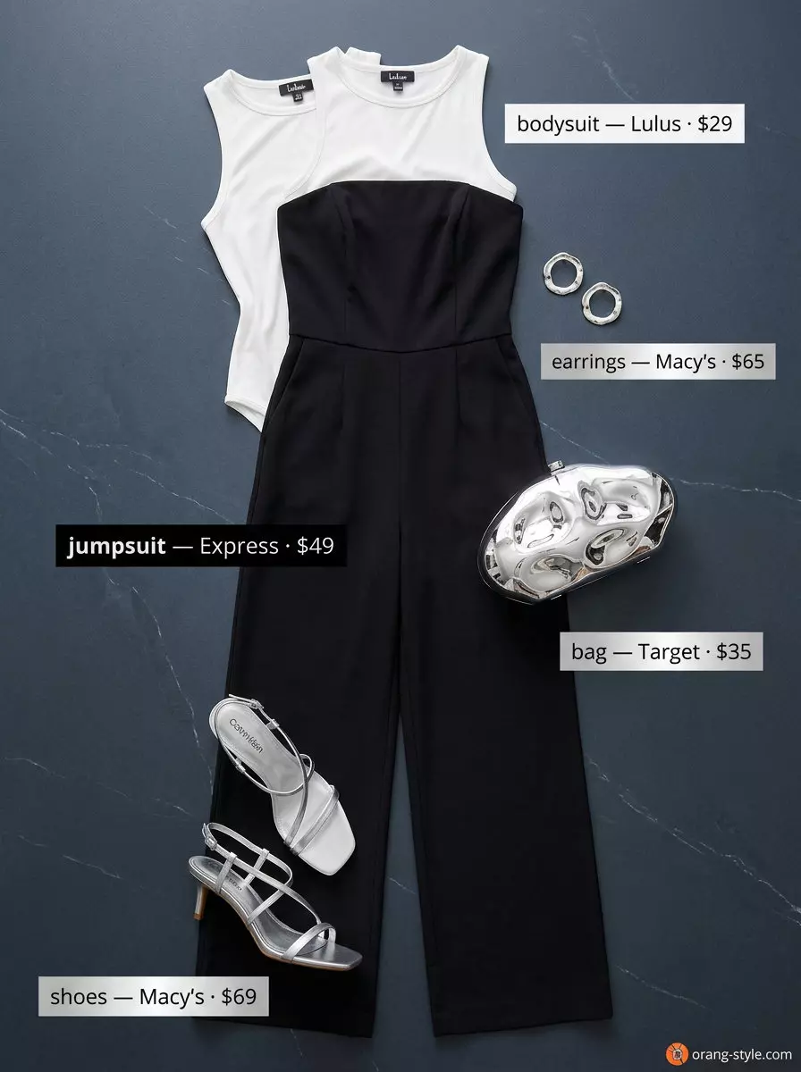 What to Wear with Bodysuit Summer 2026: Black wide-leg jumpsuit styled with silver accessories for an evening event.