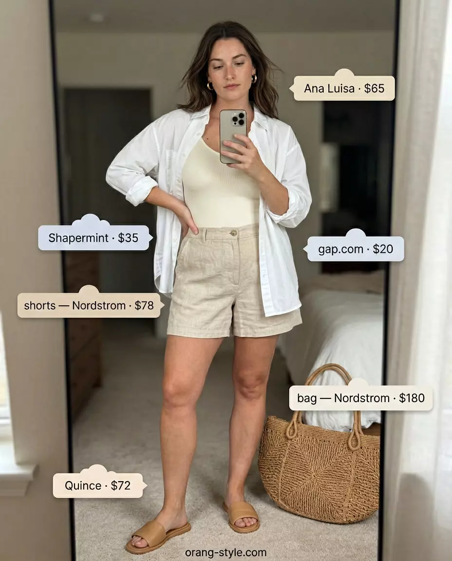 What to Wear with Bodysuit Summer 2026: White linen shorts, beige shorts, and gold accessories for a chic day out.