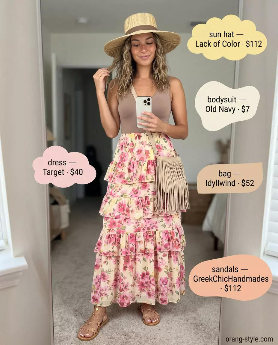 What to Wear with Bodysuit Summer 2026: Floral maxi dress and bodysuit for a boho festival look.