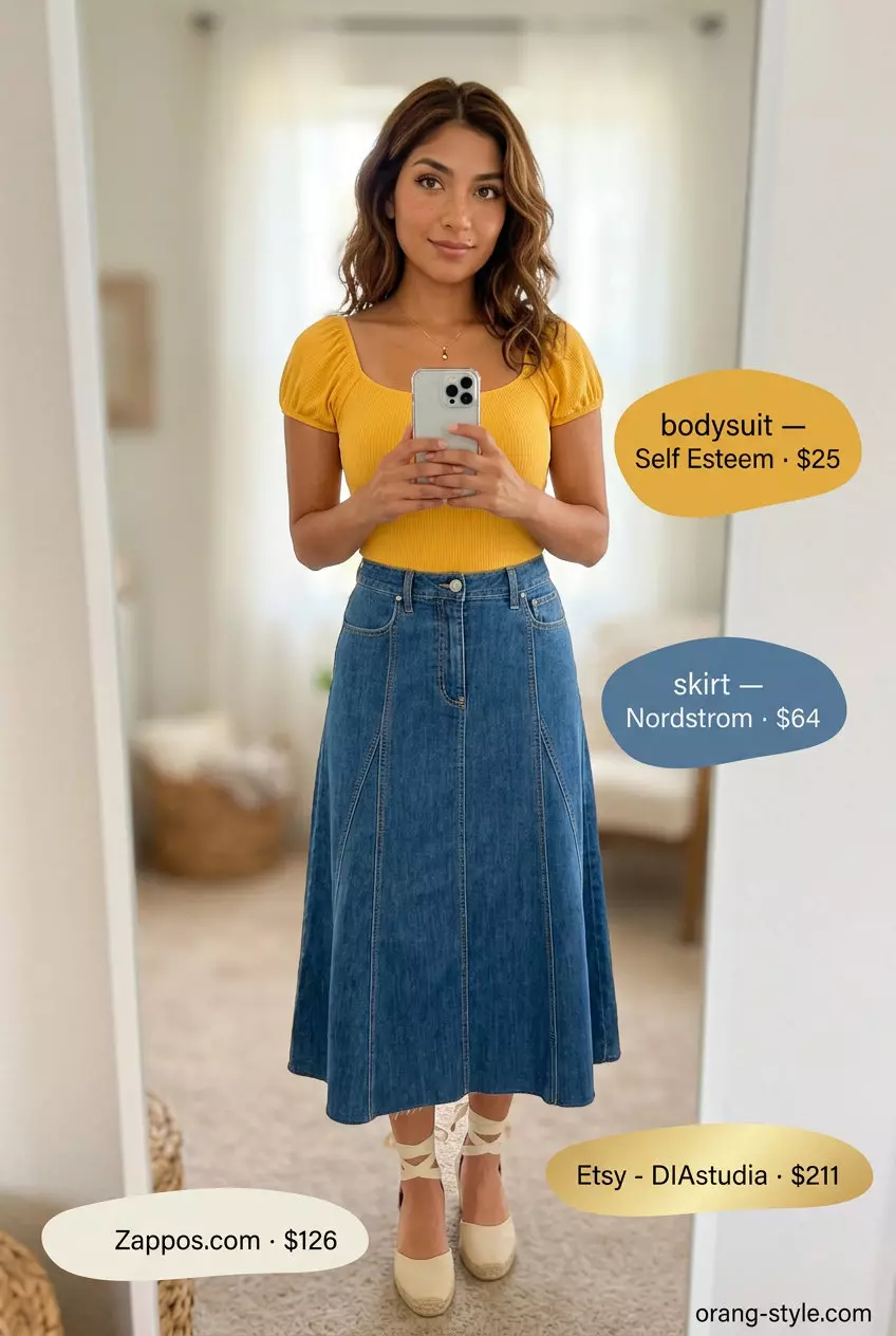 What to Wear with Bodysuit Summer 2026: Retro mustard yellow bodysuit with denim midi skirt for casual brunch.