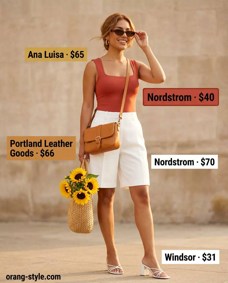 What to Wear with Bodysuit Summer 2026: Bold orange bodysuit with white Bermuda shorts for daytime events.