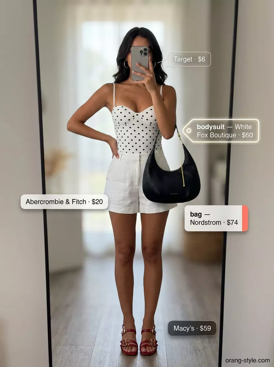 What to Wear with Bodysuit Summer 2026: Playful polka dot bodysuit with white shorts for summer date.