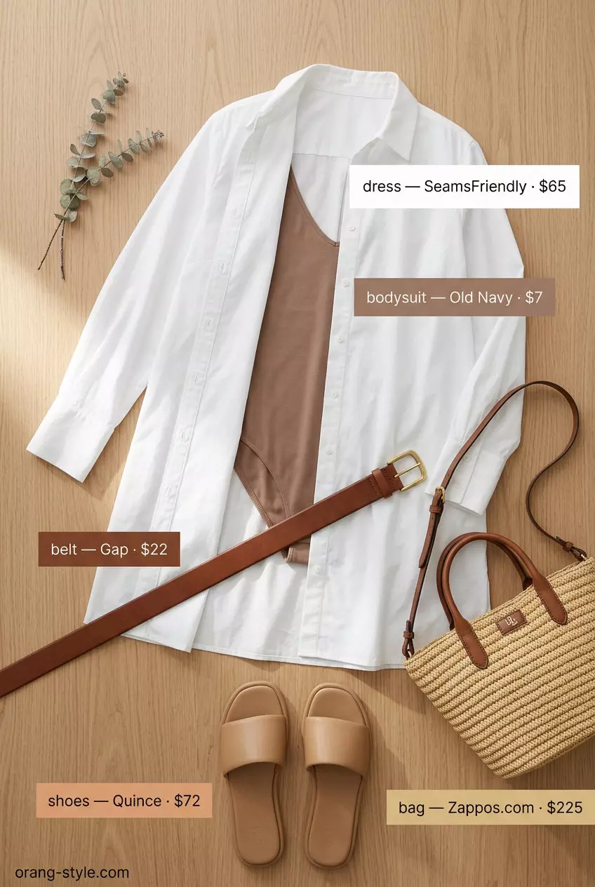 What to Wear with Bodysuit Summer 2026: White oversized shirt dress styled with a bodysuit and tan accessories.