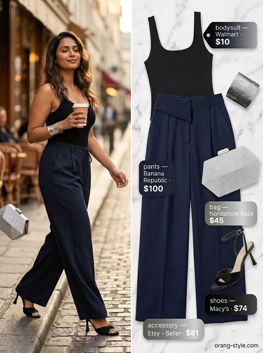What to Wear with Bodysuit Summer 2026: Navy wide-leg pants and a black bodysuit for a sophisticated evening look.