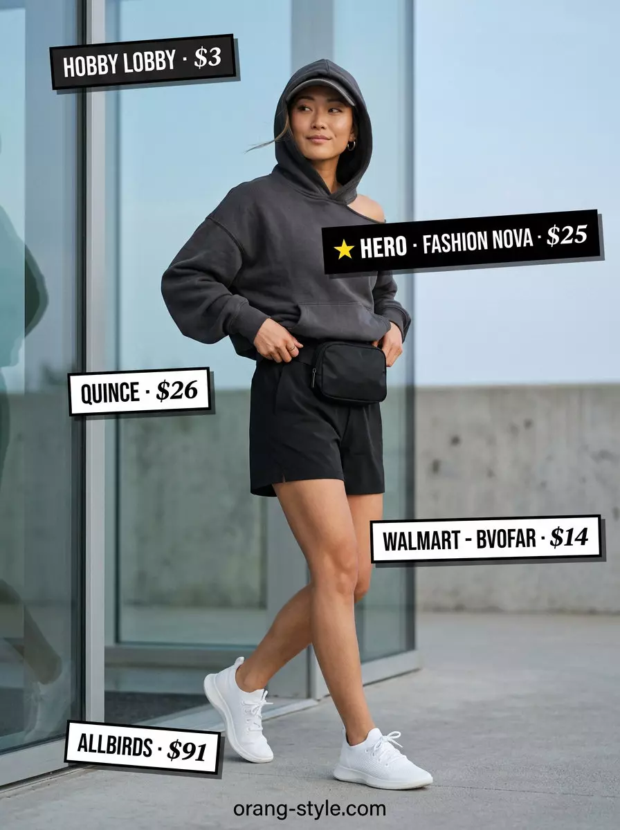 Athleisure outfit: charcoal grey running shorts, oversized hoodie, and sneakers 2026.