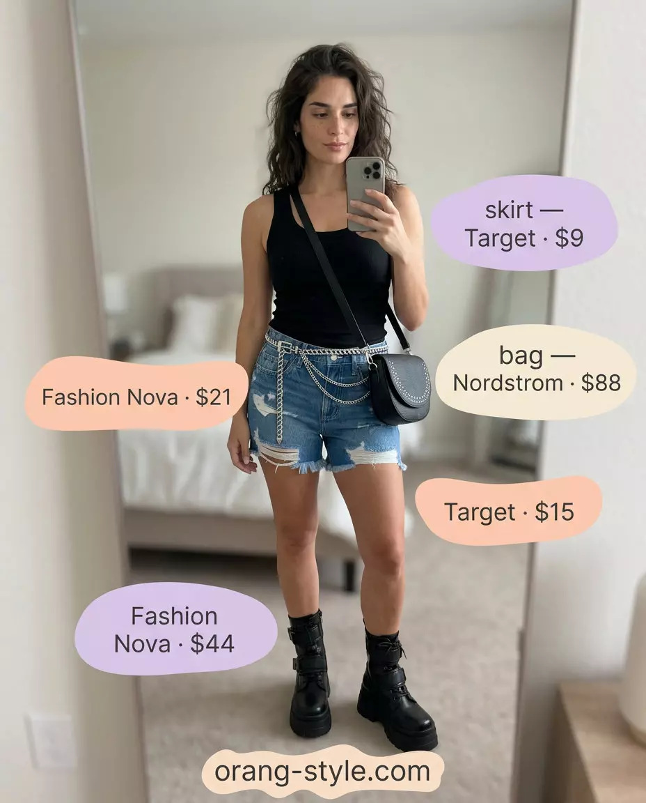 Bold red & black outfit with denim shorts: what to wear with denim shorts summer 2026 for a night out or concert.