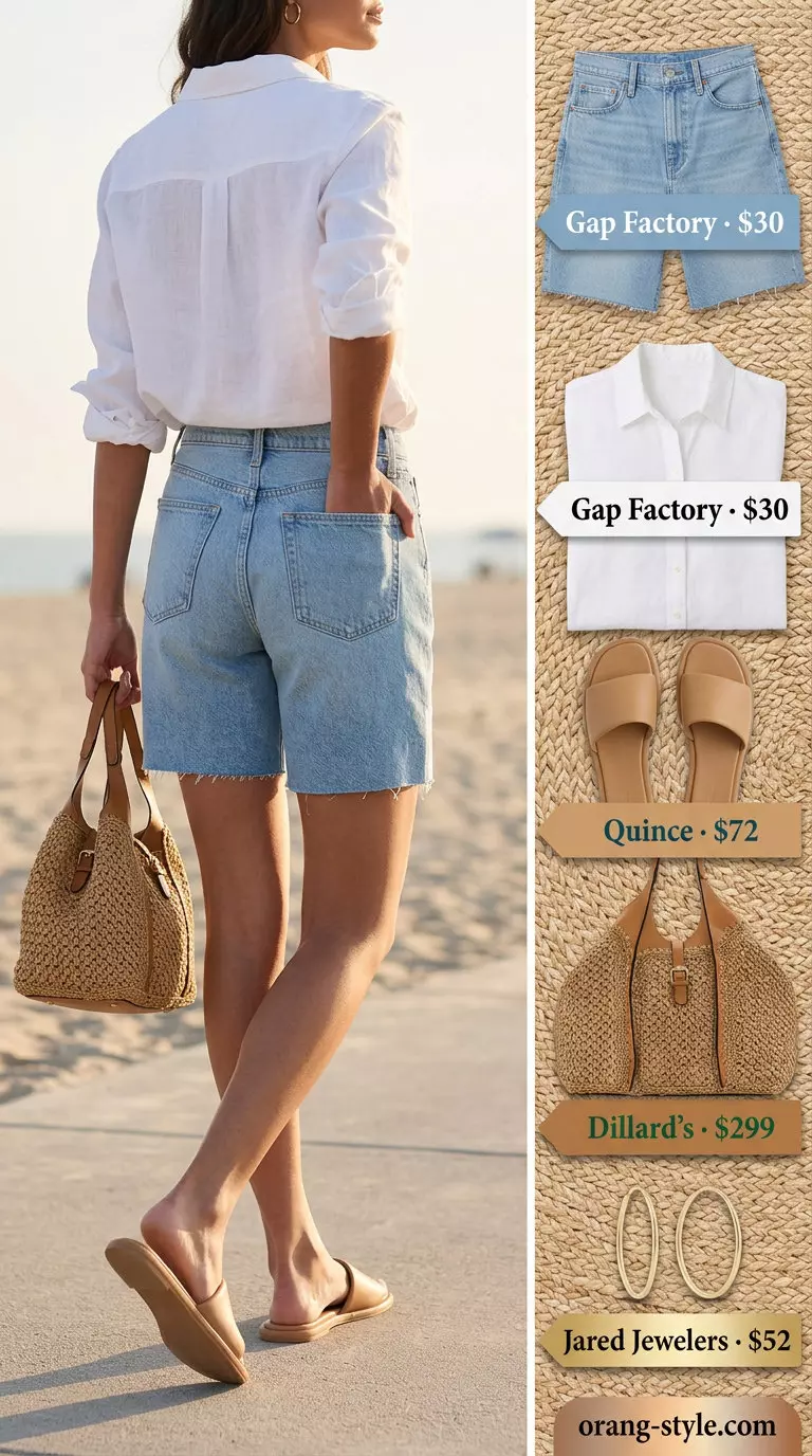 Effortless coastal outfit: what to wear with denim shorts summer 2026 for a beach trip or casual day.