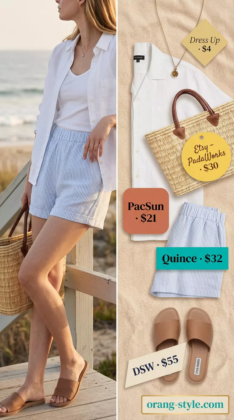 Cream linen shorts, navy button-down shirt, and straw tote for coastal summer 2026.