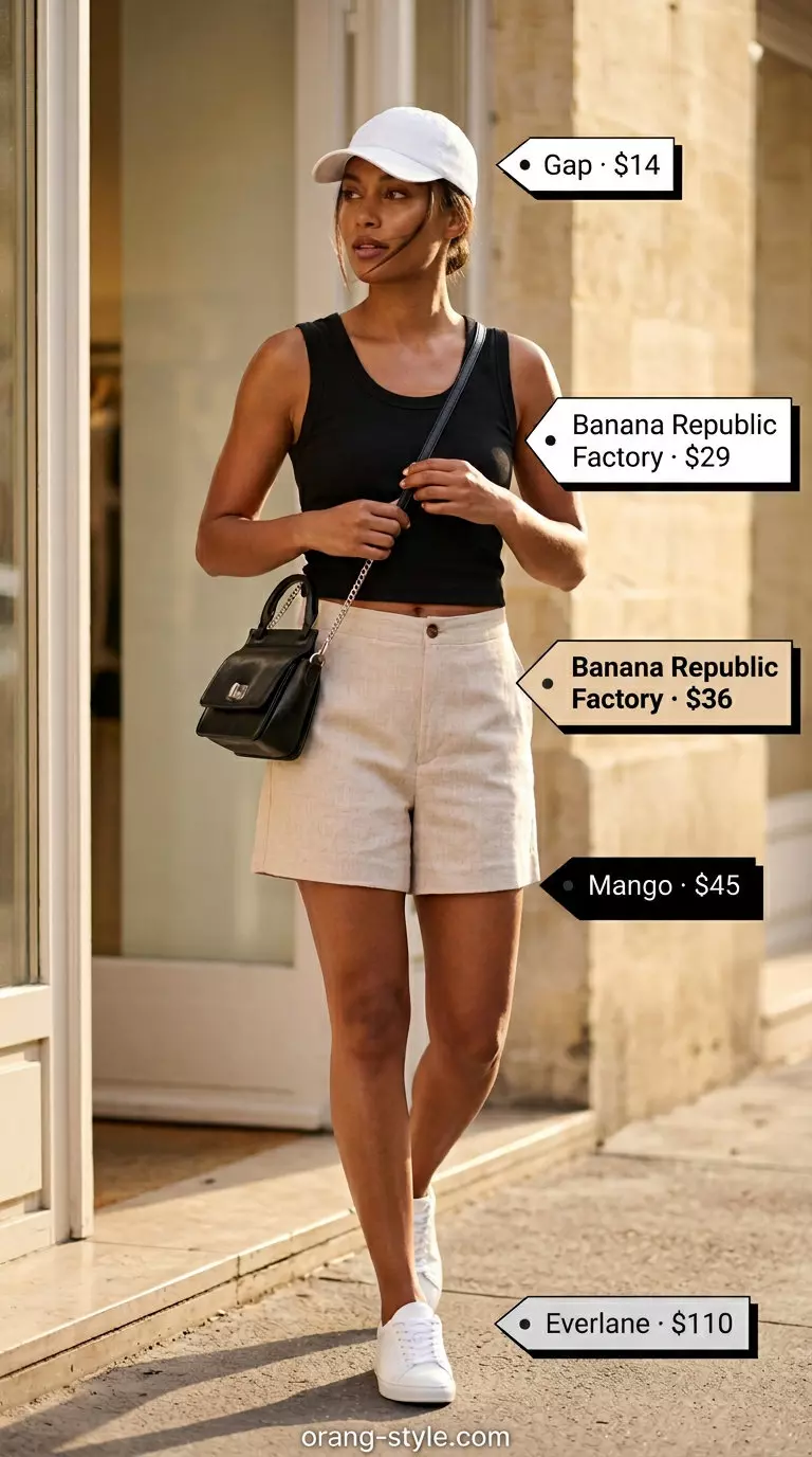 Minimalist beige linen shorts and black tank outfit for summer 2026 casual days.