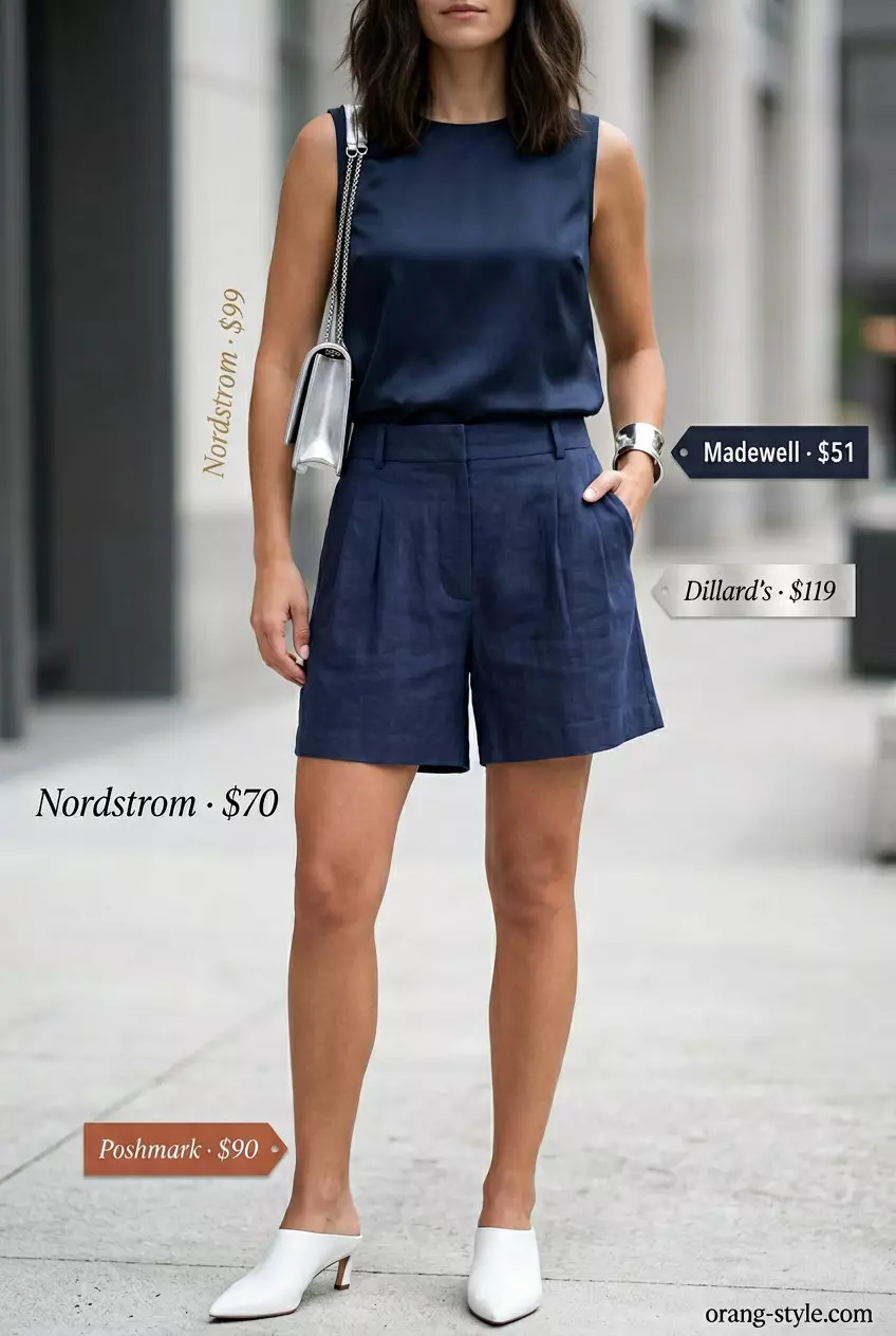 Monochrome tailored shorts outfit: navy sleeveless top, navy shorts, white mules. What to wear with denim shorts summer 2026.