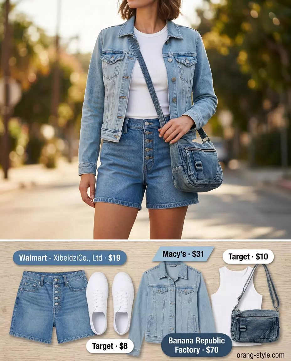 Retro denim on denim outfit: light wash shorts, jacket, and white tank for summer 2026.