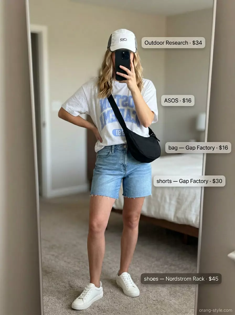 Sporty white graphic tee outfit: what to wear with denim shorts summer 2026 for active days or errands.