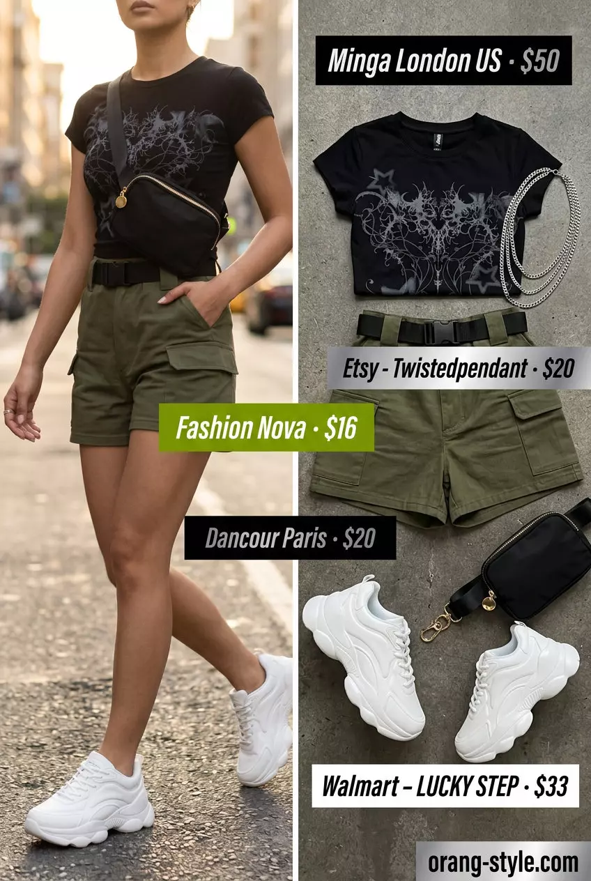 Urban explorer outfit: olive green cargo shorts, graphic tee, and chunky sneakers 2026.