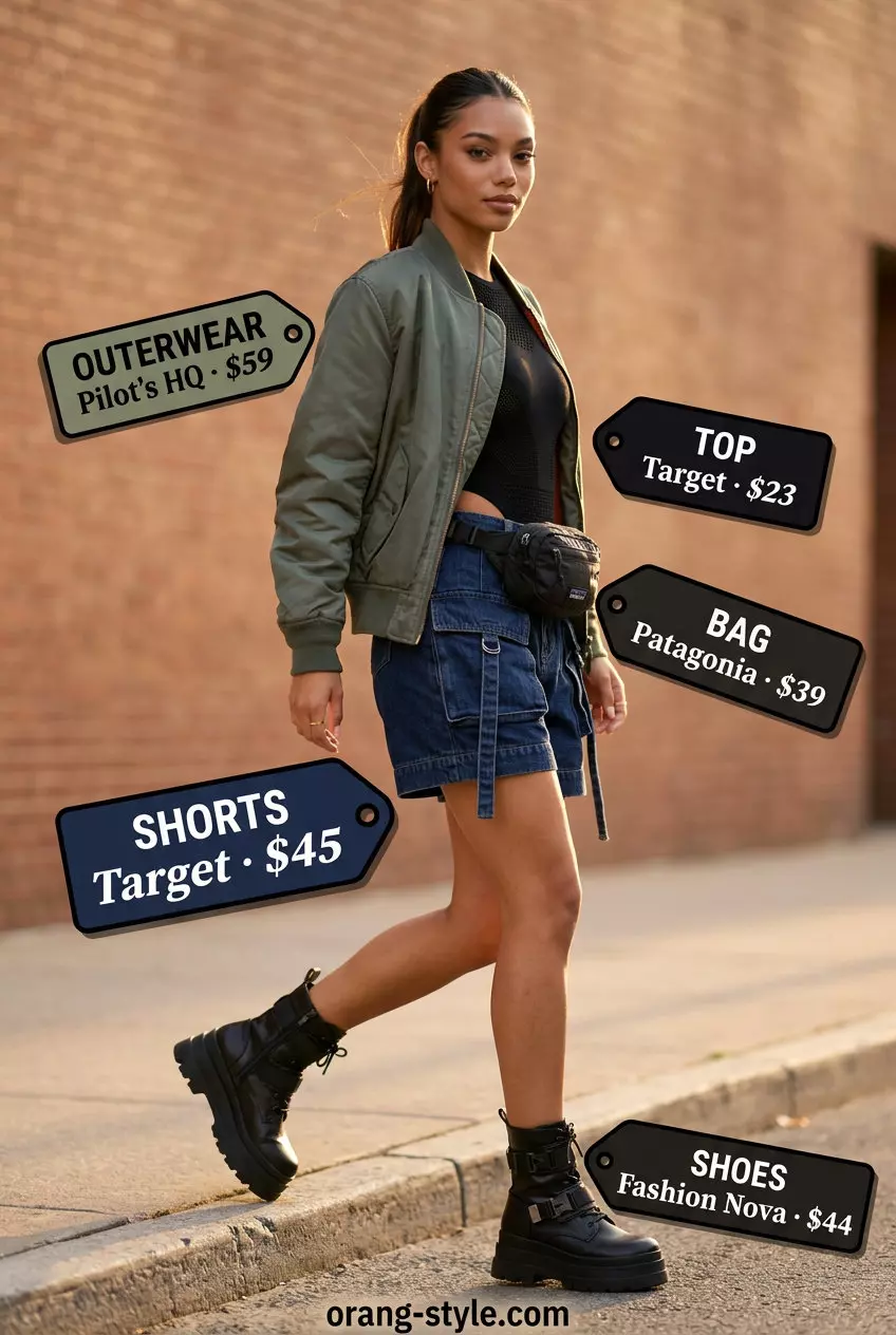 Edgy denim shorts outfit: dark wash cargo shorts, bomber jacket, bodysuit. What to wear with denim shorts summer 2026.