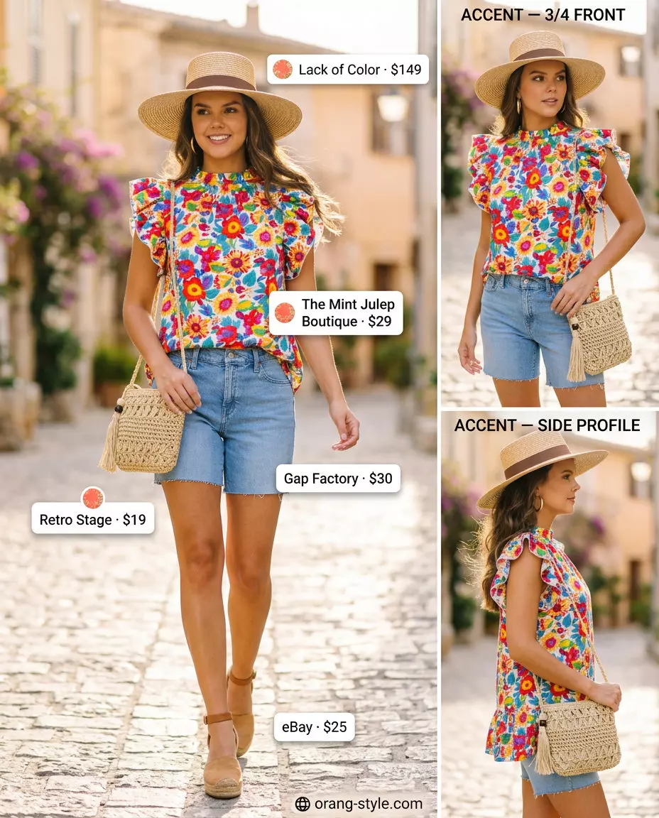 Vibrant floral top outfit: what to wear with denim shorts summer 2026 for vacation or resort wear.