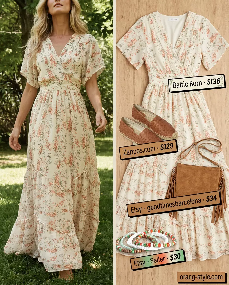 What to Wear with Maxi Dress Summer 2026: Boho maxi dress, espadrilles & fringe bag for festivals.