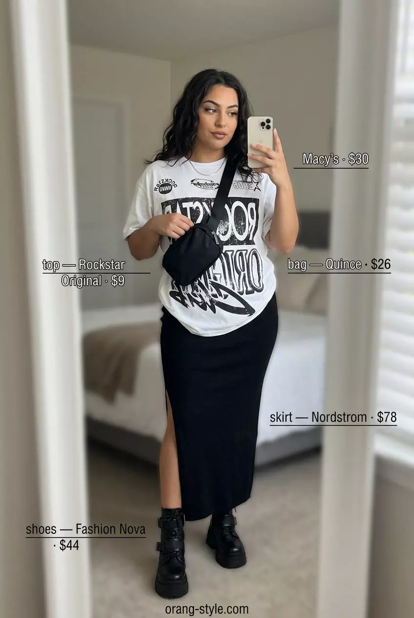 What to Wear with Maxi Skirt Summer 2026: Black jersey maxi skirt, graphic tee, combat boots, belt bag.