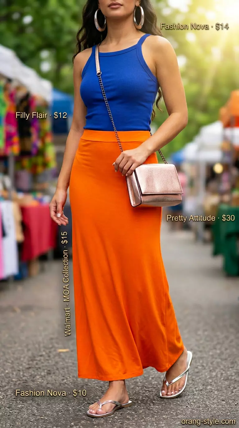 What to Wear with Maxi Skirt Summer 2026: Bright orange maxi skirt, cobalt blue top, silver sandals for a bold summer party look.