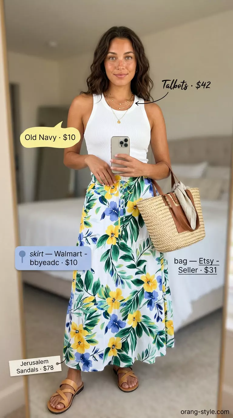 What to Wear with Maxi Skirt Summer 2026: Floral maxi skirt with ribbed tank, slides & straw tote for coastal vibes.