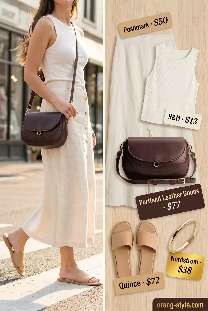 What to Wear with Maxi Skirt Summer 2026: Cream linen maxi skirt, beige knit tank, tan slides, gold bangles.