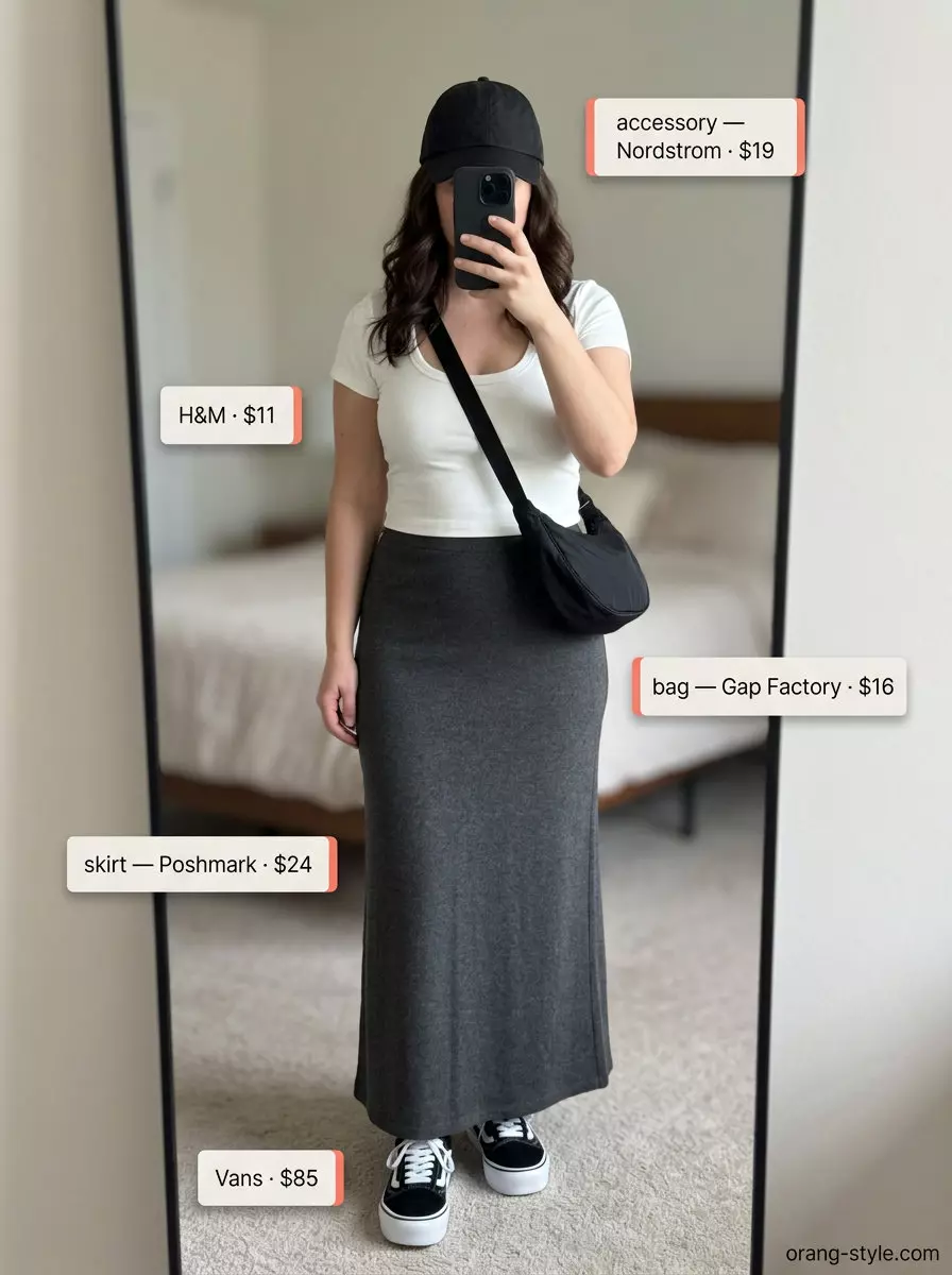 What to Wear with Maxi Skirt Summer 2026: Grey knit maxi skirt, white athletic crop top, sneakers, crossbody bag.