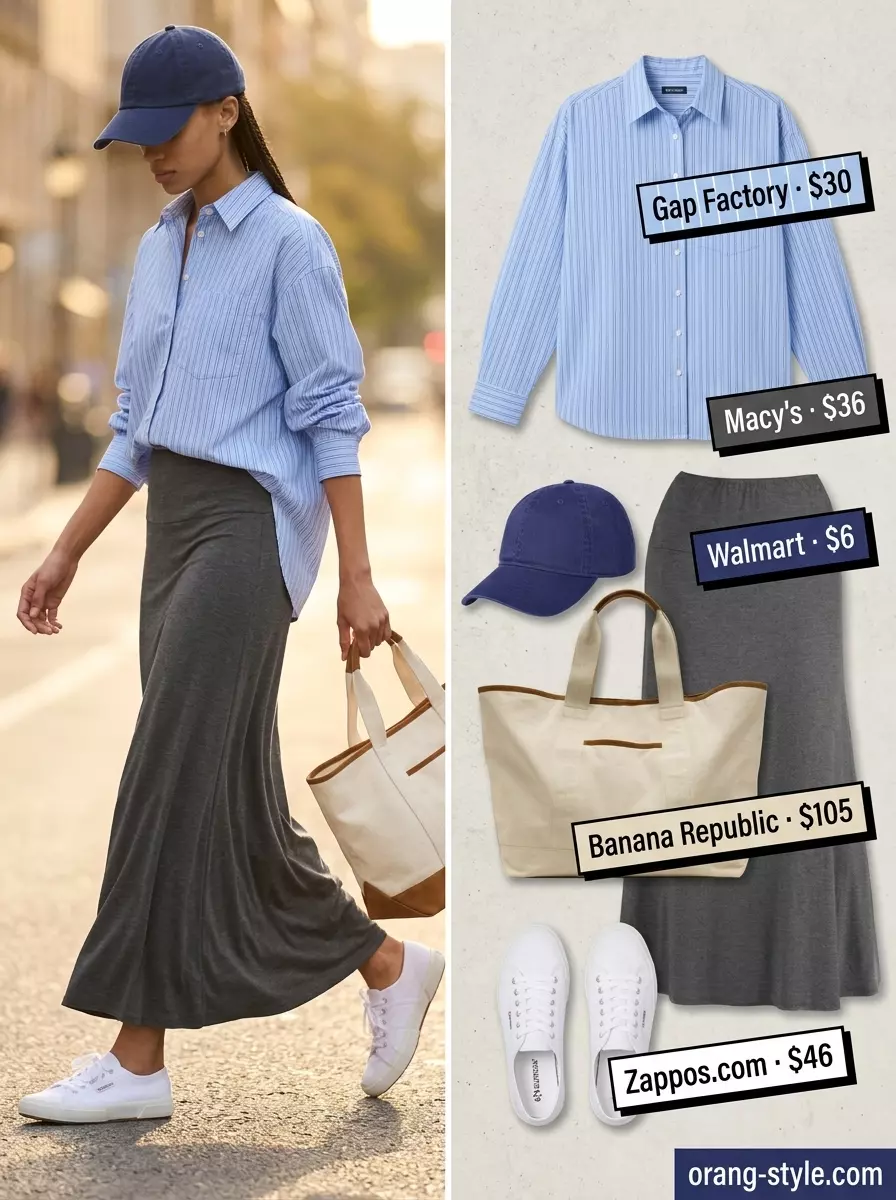 What to Wear with Maxi Skirt Summer 2026: Charcoal grey maxi skirt, white button-down, blue cap, canvas tote.