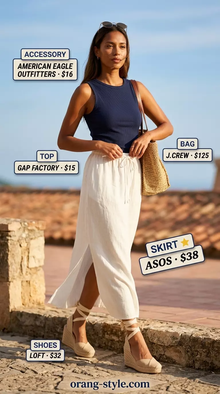 What to Wear with Maxi Skirt Summer 2026: White linen maxi skirt, navy tank, espadrilles for a chic vacation resort look.