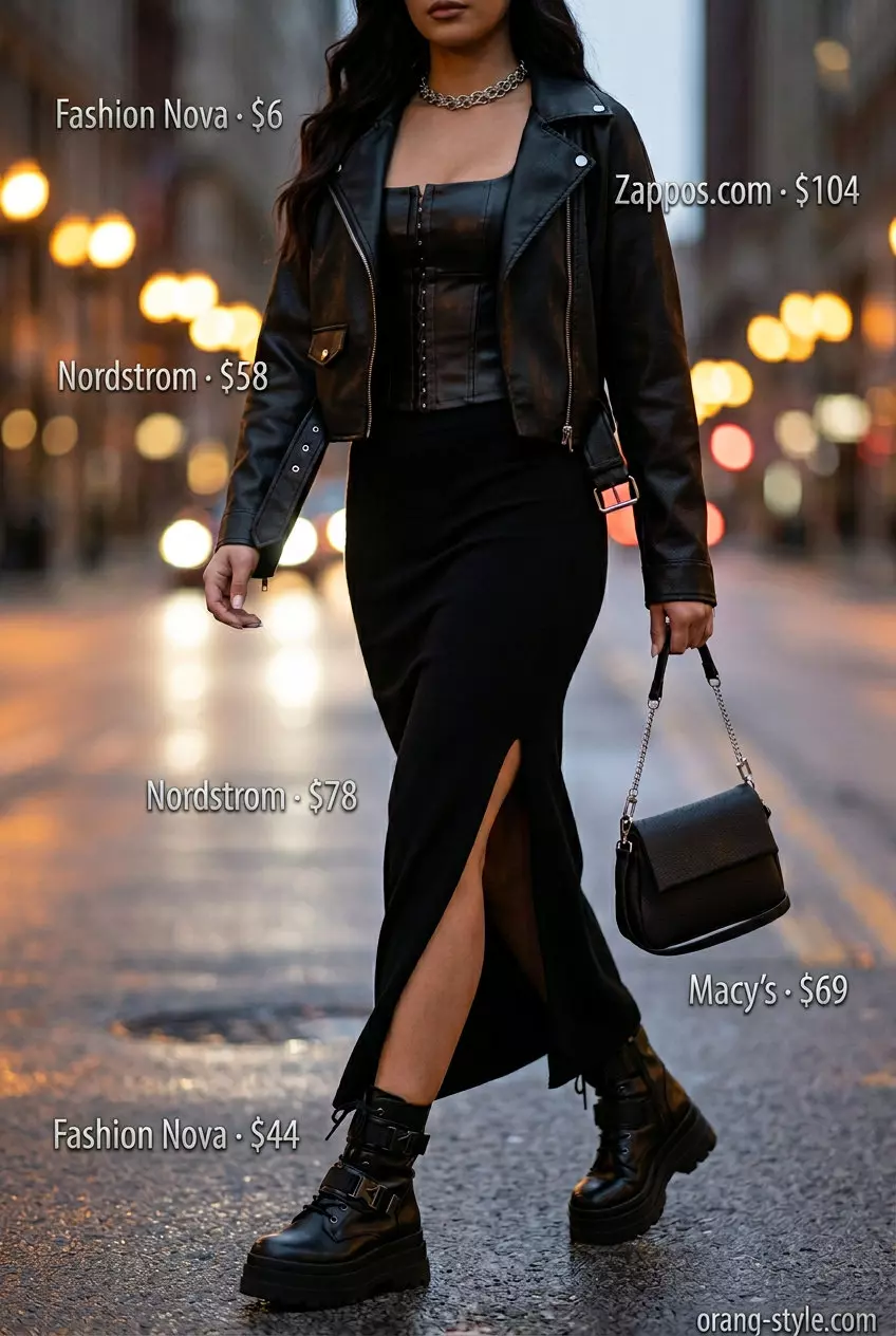 What to Wear with Maxi Skirt Summer 2026: Black knit maxi skirt with corset top, moto jacket & combat boots for edge.