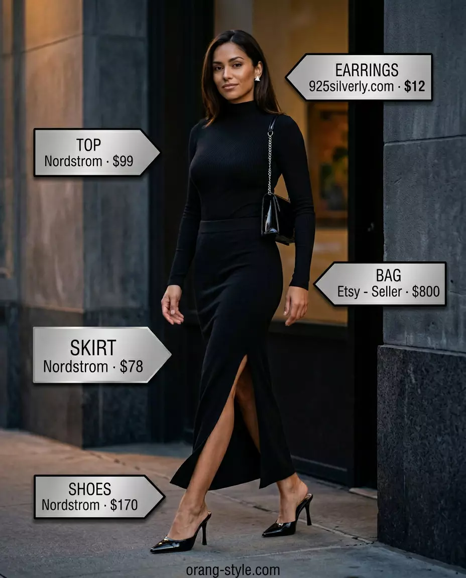 What to Wear with Maxi Skirt Summer 2026: Black knit maxi skirt, long-sleeve bodysuit, pointed mules for a minimalist chic evening.