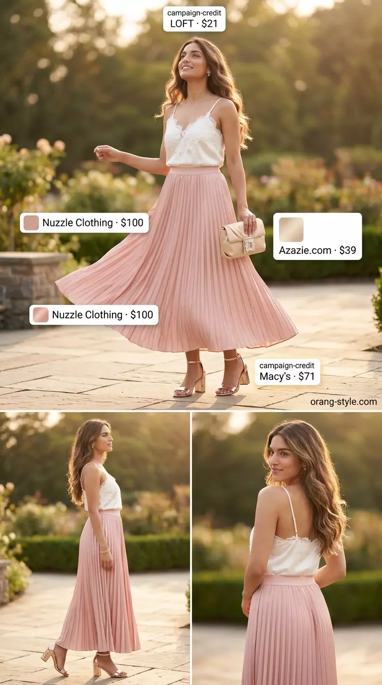 What to Wear with Maxi Skirt Summer 2026: Pink satin maxi skirt, ivory camisole, rose gold sandals, clutch.