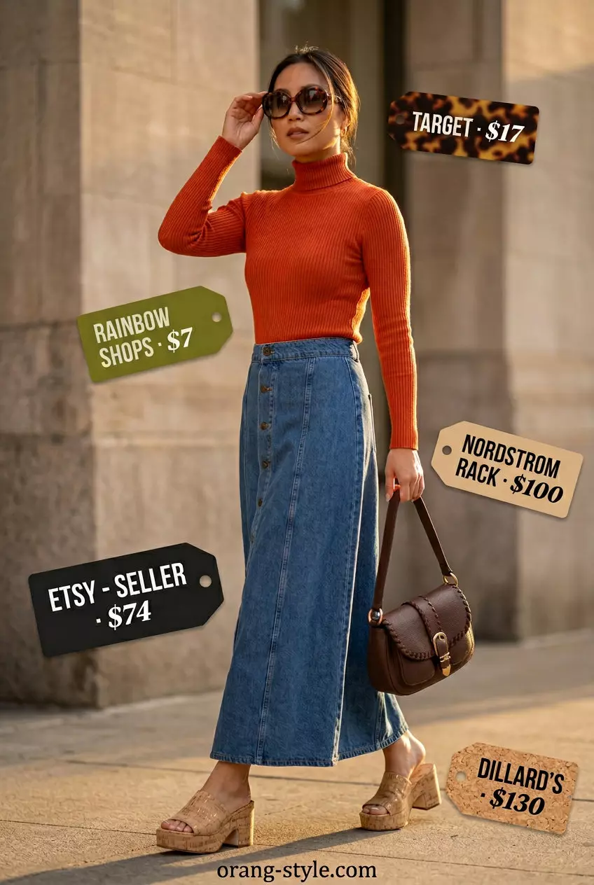 What to Wear with Maxi Skirt Summer 2026: Denim maxi skirt, terracotta turtleneck, platform sandals for a retro casual look.