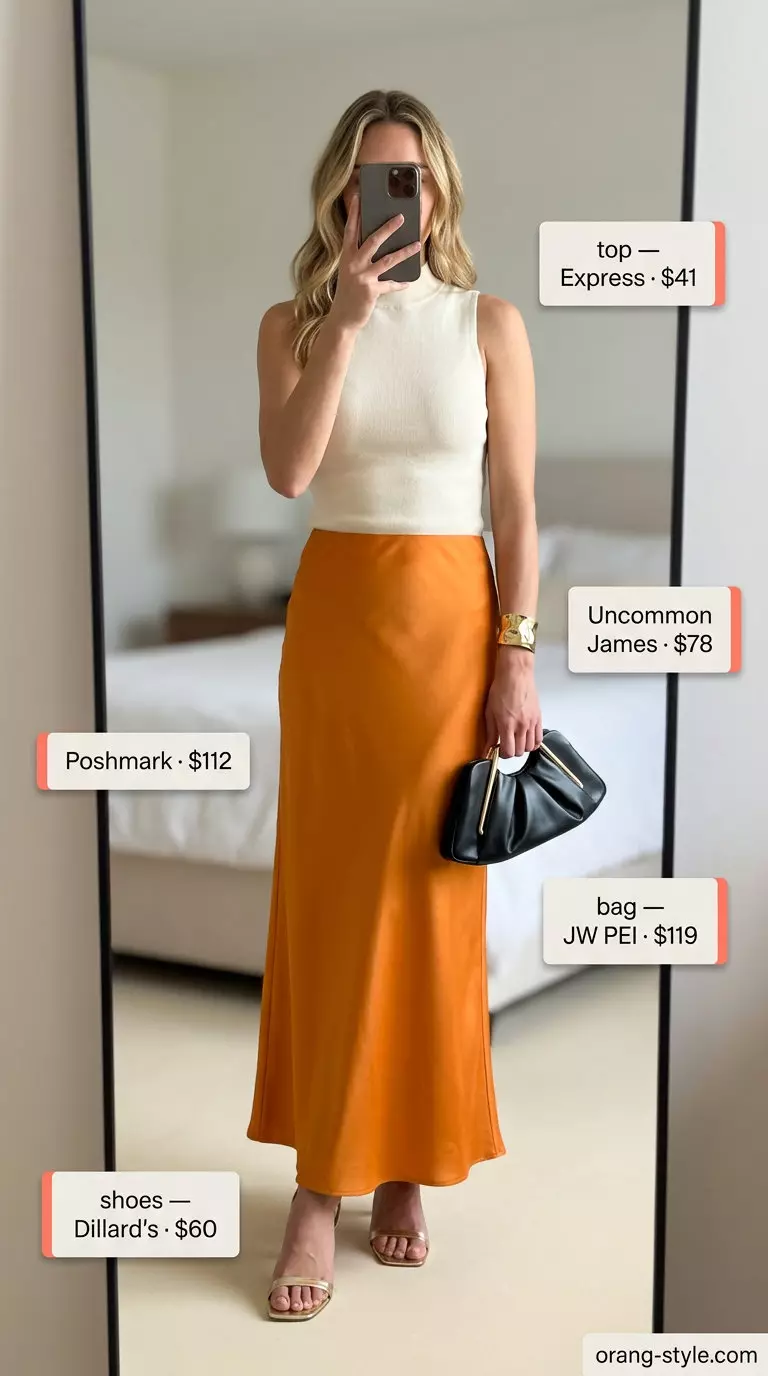 What to Wear with Maxi Skirt Summer 2026: Sunset orange satin maxi skirt, cream top, gold accessories for a chic evening event.