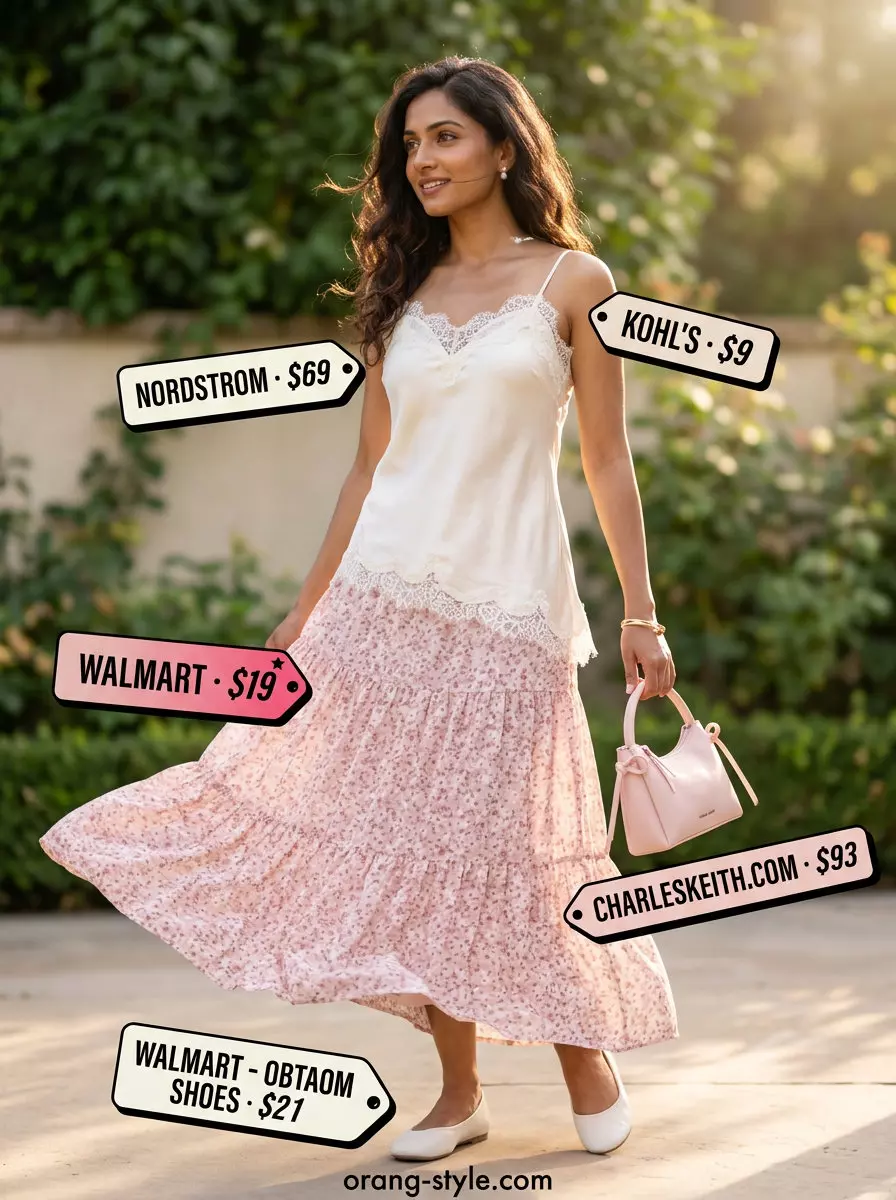 What to Wear with Maxi Skirt Summer 2026: Pastel pink floral maxi skirt, cream cami, white ballet flats for a romantic garden party.