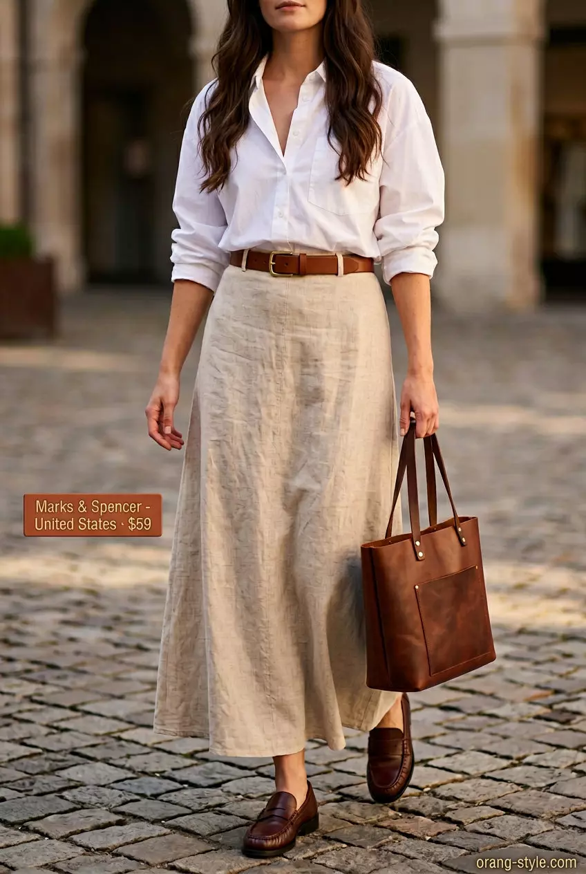 What to Wear with Maxi Skirt Summer 2026: Beige linen maxi skirt, white shirt, loafers for a polished smart casual look.
